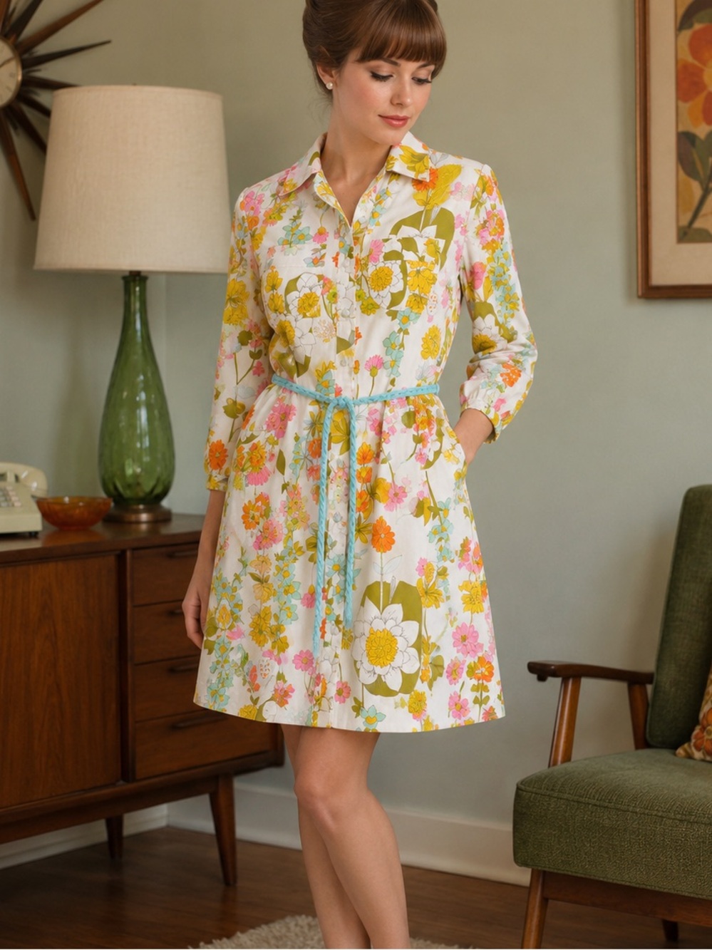 Vintage 60’s Cotton Floral Button Down Shirt Dress